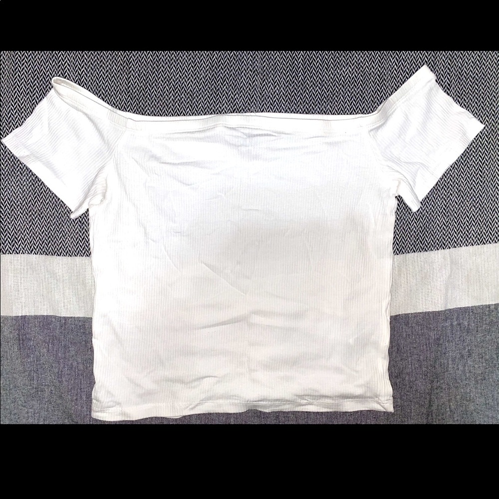 Divided off the shoulder white crop top!